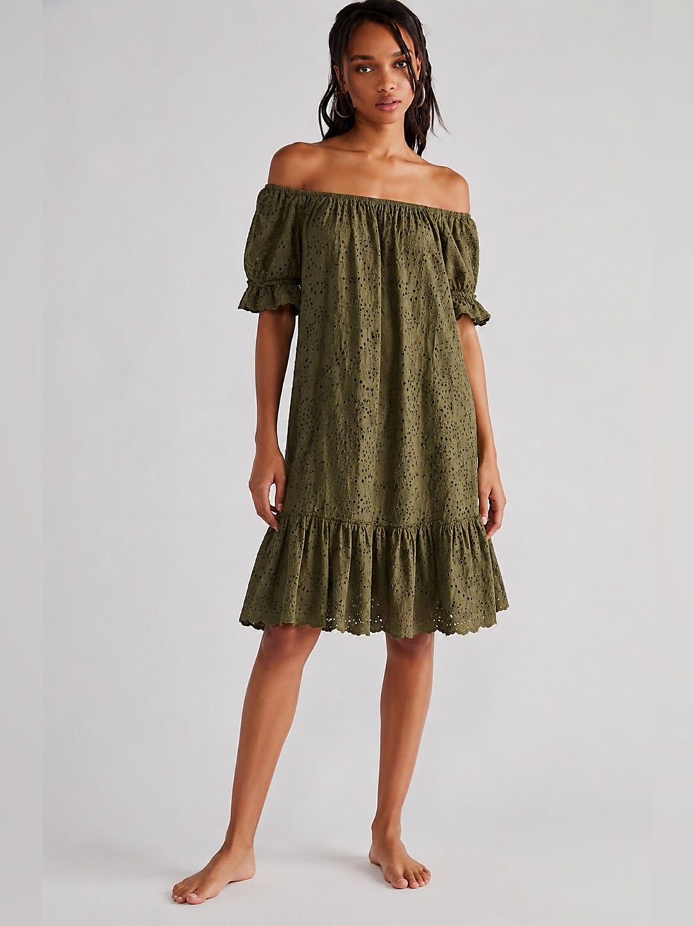 Off-Shoulder Eyelet Ruffle Dress in Olive